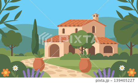 Floral Courtyard House Mediterranean Flat Design Illustration Floral Courtyard House Mediterranean Flat Design Illustration 139405227