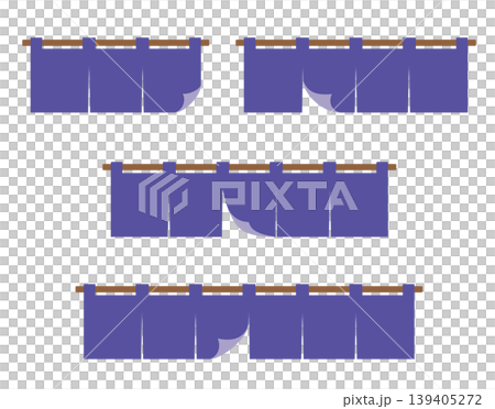 A set of illustrations of a Japanese-style curtain flapping in the wind, with space for calligraphy and logos to be added to store entrance materials. 139405272