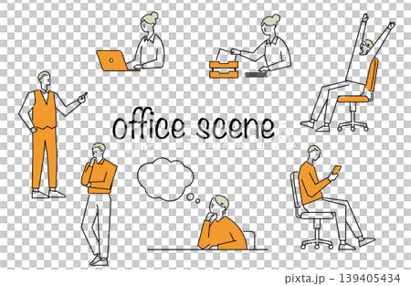A set of illustrations depicting various scenes in the office. 139405434