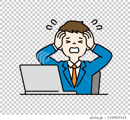 ノートパソコンの前でパニックになって頭を抱える、ビジネスマンの上半身ベクターイラスト素材 139405435