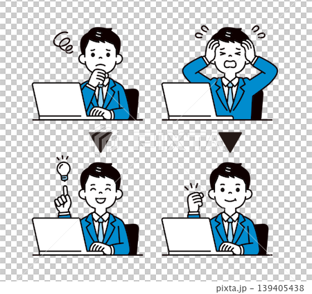 A set of simple upper body vector illustrations of a young businessman dealing with and resolving a problem. A set of simple upper body vector illustrations of a young businessman dealing with and resolving a problem. 139405438