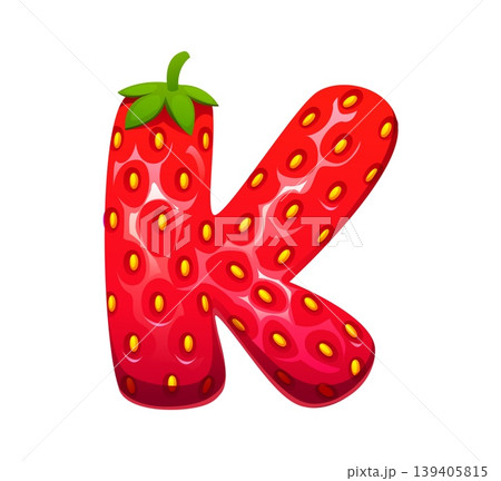 Cartoon strawberry, forest red berry kids ABC type, font letter K. Forest strawberry type font symbol, farm fruit kids ABC typeface vector element. Ripe berry English alphabet letter Cartoon strawberry, forest red berry kids ABC type, font letter K. Forest strawberry type font symbol, farm fruit kids ABC typeface vector element. Ripe berry English alphabet letter 139405815