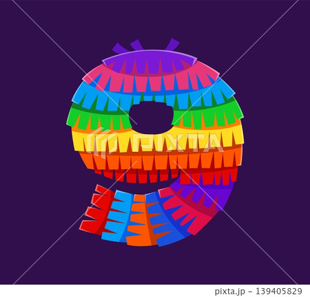 Mexican pinata font number 9 nine, rainbow English alphabet typeface, ABC cartoon type. Festival paper type number, Mexican rainbow typeface vector digit. Mexico carnival pinata font figure 139405829