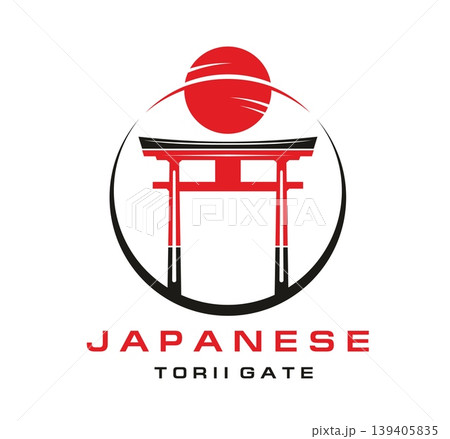 Japanese temple entrance torii gate and round red sun icon. Asian landmark torii vector icon, oriental tori gate emblem. Japanese shrine symbol with sunset red sun silhouette and typography text 139405835