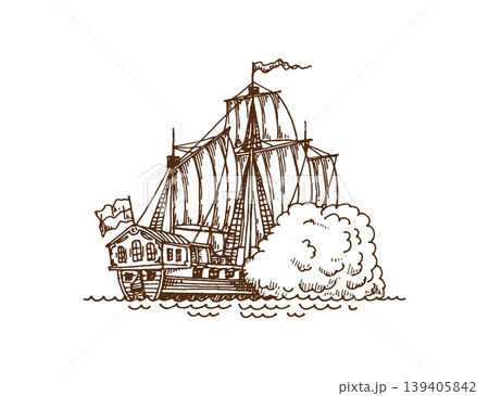 Vintage pirate sail ship, medieval warship sketch. Pirate warship isolated vector sketch, sail ship historical map element. European fleet galleon, pirate vessel drawing with shooting cannon smoke Vintage pirate sail ship, medieval warship sketch. Pirate warship isolated vector sketch, sail ship historical map element. European fleet galleon, pirate vessel drawing with shooting cannon smoke 139405842