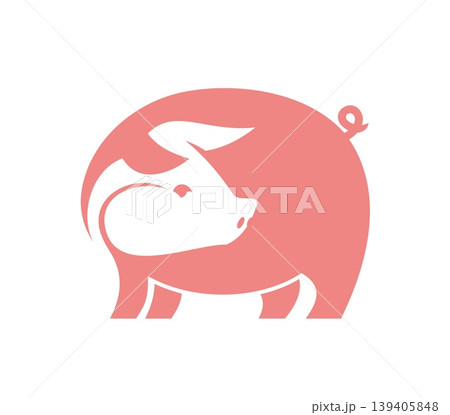 Farm pork meat and pig icon or symbol. Pig farm or agriculture vector icon, pork butchery label. BBQ meat butcher emblem or domestic animal market symbol with pink piglet or piggy looking back 139405848