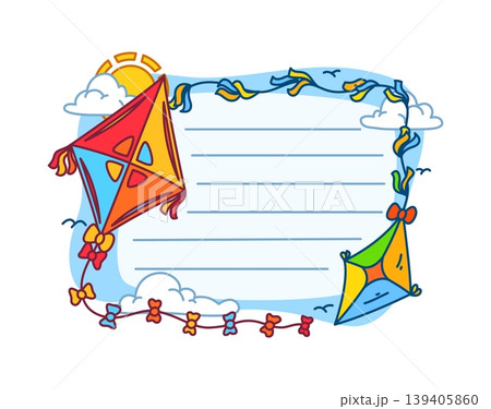 Kite flying paper toy kids memo note template. Flying toy planner to do list sticker, paper wing kid scrapbook isolated vector label. Kite schedule frame or child diary memo note 139405860