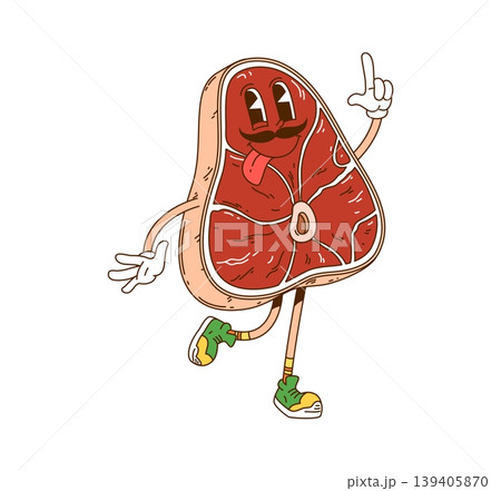 Cartoon groovy barbecue and grill BBQ beefsteak meat character. BBQ hippie groovy vector mascot, barbeque character. Raw pork or beef barbecue steak funky personage showing tongue and pointing finger 139405870