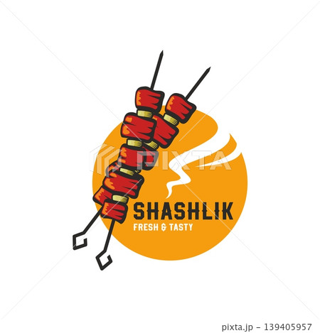 Shashlik meat meal restaurant icon or label. Roasted meat BBQ badge, grill shashlik vector icon. Grilled barbeque meal restaurant emblem or symbol with two skewers, smoke and typography 139405957