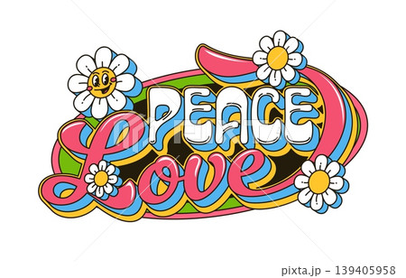 Cartoon groovy hippie lettering peace love. Psychedelic vector typography with flowers and smiling daisies. Retro y2k vibe bold curved letters expressing 60s 70s nostalgic positivity, freedom and love 139405958