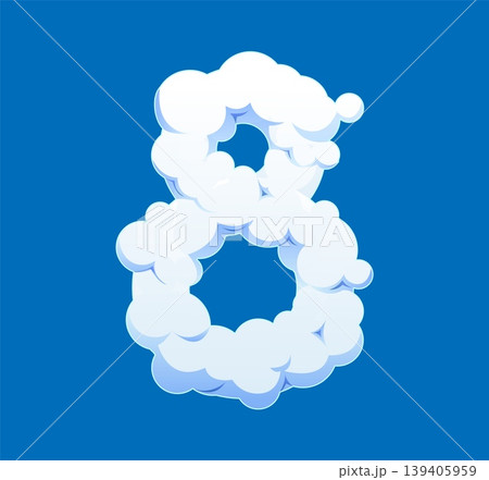 Cartoon fluffy cloudy sky font number 8 eight. Heaven mist typography digit, fluffy smoke typeface isolated vector number. White cloud font figure or white cloudy sky type numeral symbol Cartoon fluffy cloudy sky font number 8 eight. Heaven mist typography digit, fluffy smoke typeface isolated vector number. White cloud font figure or white cloudy sky type numeral symbol 139405959