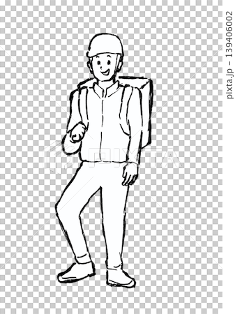 Hand-drawn illustration of an Uber Eats delivery driver (monochrome line drawing) Hand-drawn illustration of an Uber Eats delivery driver (monochrome line drawing) 139406002