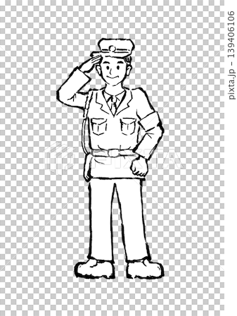 Hand-drawn illustration of a police officer, black and white, line drawing. Hand-drawn illustration of a police officer, black and white, line drawing. 139406106