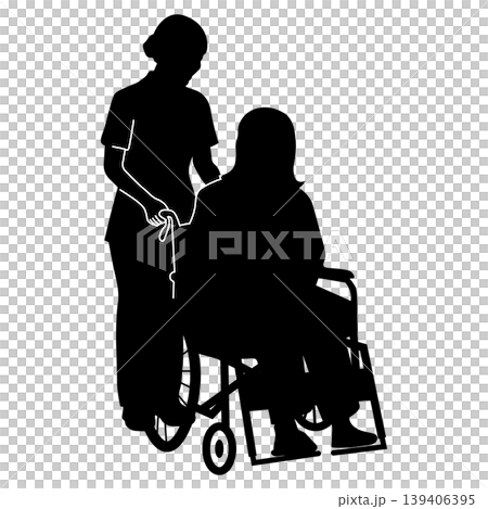 Silhouette of a nursing scene where a nurse pushes a wheelchair with a patient in it. 139406395