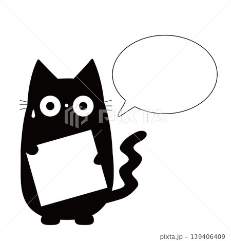 カードを持つ黒猫と吹き出しのイラスト　焦るネコ　文字入れ・ふきだし素材 139406409