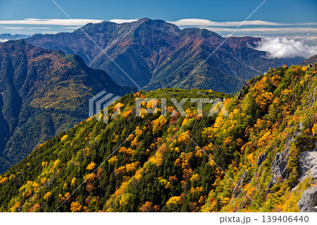 紅葉の南アルプス・鳳凰三山・薬師岳稜線から見る仙丈ヶ岳 139406440