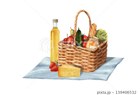 Farm produce in a basket on a napkin. Isolated watercolor illustration for farmer's market, picnic, and grocery store materials. Farm produce in a basket on a napkin. Isolated watercolor illustration for farmer's market, picnic, and grocery store materials. 139406532