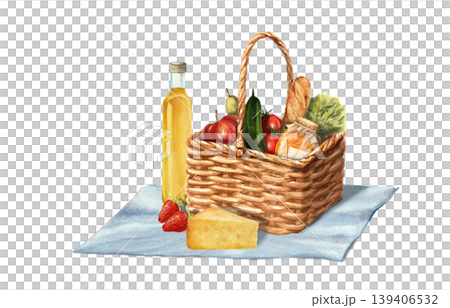 Farm produce in a basket on a napkin. Isolated watercolor illustration for farmer's market, picnic, and grocery store materials. Farm produce in a basket on a napkin. Isolated watercolor illustration for farmer's market, picnic, and grocery store materials. 139406532