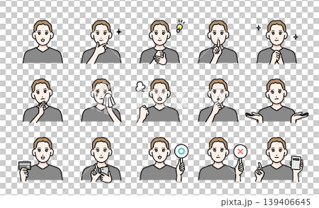 A set of avatars featuring various facial expressions of a young man. 139406645