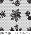 Seamless black lace pattern featuring abstract embroidered floral motifs and honeycomb mesh texture, creating an elegant textile background design for fashion or decor 139406757