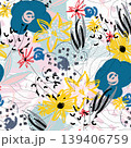 Abstract floral pattern with vibrant painted flowers, leaves, and brush strokes creating a modern seamless vector background for fashion, textiles, or wallpaper 139406759
