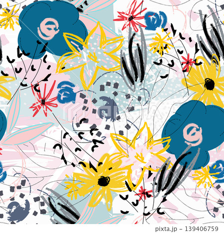 Abstract floral pattern with vibrant painted flowers, leaves, and brush strokes creating a modern seamless vector background for fashion, textiles, or wallpaper Abstract floral pattern with vibrant painted flowers, leaves, and brush strokes creating a modern seamless vector background for fashion, textiles, or wallpaper 139406759