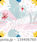 Abstract floral pattern with a seamless arrangement of hand drawn stylized flowers and botanical elements, creating a modern and artistic background with pastel colors 139406760