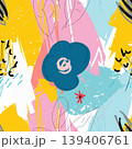 Abstract floral seamless pattern featuring hand drawn brush strokes, flowers, leaves, and chaotic doodles in bright yellow, pink, blue, and white for creative backdrops 139406761