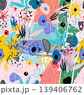 Artistic seamless pattern featuring abstract floral elements and bold brushstrokes, creating a vibrant contemporary background for various creative designs 139406762