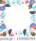 Hand drawn floral elements and leaves forming a lively, abstract frame on a white background, perfect for invitations, greeting cards, or decorative design 139406764