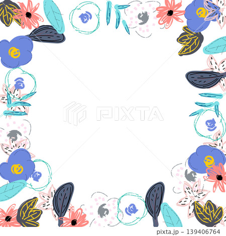 Hand drawn floral elements and leaves forming a lively, abstract frame on a white background, perfect for invitations, greeting cards, or decorative design Hand drawn floral elements and leaves forming a lively, abstract frame on a white background, perfect for invitations, greeting cards, or decorative design 139406764