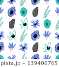 Vibrant blue, green floral pattern with hand drawn botanical elements spreading across white background, offering cheerful, whimsical visual texture 139406765