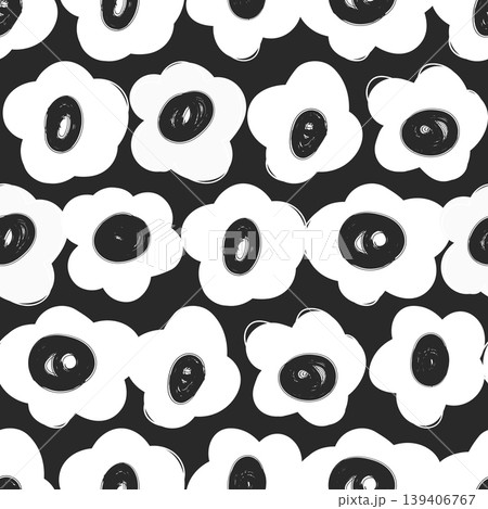 Hand drawn doodle floral seamless pattern in black and white, monochrome abstract blossoms and petals for backgrounds, textiles, wallpaper, packaging and surface design Hand drawn doodle floral seamless pattern in black and white, monochrome abstract blossoms and petals for backgrounds, textiles, wallpaper, packaging and surface design 139406767