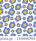 Blue and yellow hand drawn doodle flowers creating whimsical seamless pattern, botanical spring and summer background design for fabric prints, packaging, and digital projects 139406769
