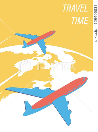 Isometric A4 vertical retro banner with passenger planes flying against the backdrop of planet Earth. 3D cartoon vector isolated on white background 139406835