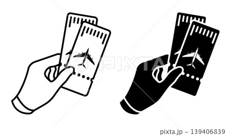 Linear icon. Hand holds purchased airline tickets. Simple black and white vector isolated on white background 139406839