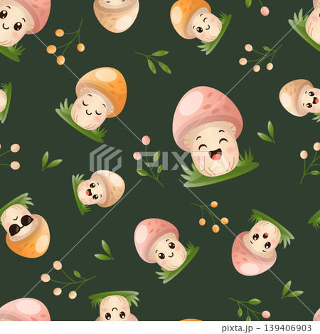 Seamless pattern of cute cartoon mushrooms on a dark background 139406903