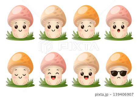 Cute cartoon mushroom characters with different emotions. Kawaii style vector set with funny faces. Perfect for kids design, stickers, patterns and nursery projects 139406907
