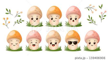 Cute cartoon mushroom characters with different emotions. Kawaii style vector set with funny faces. Perfect for kids design, stickers, patterns and nursery projects Cute cartoon mushroom characters with different emotions. Kawaii style vector set with funny faces. Perfect for kids design, stickers, patterns and nursery projects 139406908