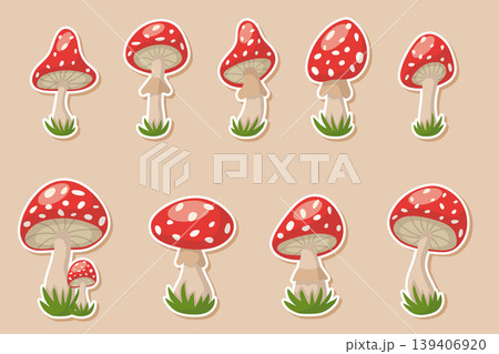 A cute set of cartoon fly agaric stickers. Flat vector illustration with various shapes and angles A cute set of cartoon fly agaric stickers. Flat vector illustration with various shapes and angles 139406920