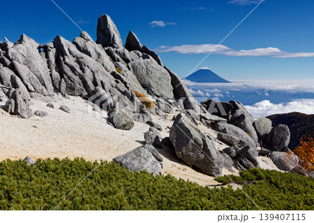 南アルプス・鳳凰三山・薬師岳の岩峰と富士山 139407115