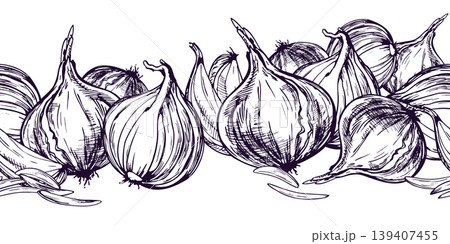 Hand drawn sketch illustration of onion bulbs in ink line art style. Horizontal border design featuring fresh vegetable for grocery store branding, culinary menu and organic food packaging. Hand drawn sketch illustration of onion bulbs in ink line art style. Horizontal border design featuring fresh vegetable for grocery store branding, culinary menu and organic food packaging. 139407455