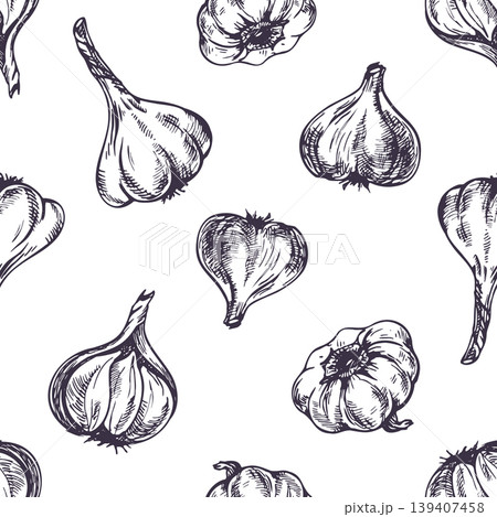 Hand drawn garlic pattern in ink sketch style. Seamless wallpaper with vegetable illustration. Graphic line art design for food background, menu decor, textile print and kitchen concept. Hand drawn garlic pattern in ink sketch style. Seamless wallpaper with vegetable illustration. Graphic line art design for food background, menu decor, textile print and kitchen concept. 139407458