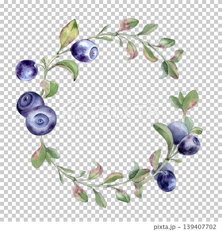 Watercolor blueberry wreath with green leaves isolated white. Hand drawn illustration of wild bilberry circle frame for package health product. Fresh berry foliage decoration for invitation card. Watercolor blueberry wreath with green leaves isolated white. Hand drawn illustration of wild bilberry circle frame for package health product. Fresh berry foliage decoration for invitation card. 139407702