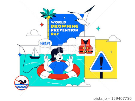 World Drowning Prevention Day Vector Illustration Featuring Water Safety Awareness Lifebuoy Rescue Warning Signs Ocean Accident Prevention Design World Drowning Prevention Day Vector Illustration Featuring Water Safety Awareness Lifebuoy Rescue Warning Signs Ocean Accident Prevention Design 139407750