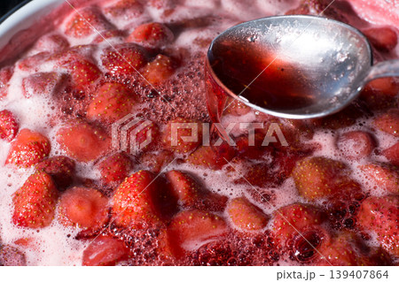 Strawberry jam boiling in the bowl Strawberry jam boiling in the bowl 139407864