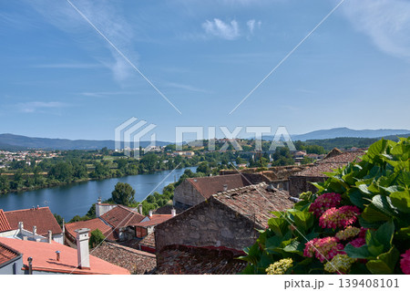 Panoramic view of the Minho River and rural landscape looking towards Portugal from Tui Cathedral on a sunny day 139408101