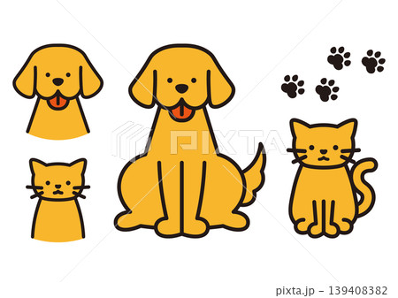 犬と猫のイエローのイラストセット 全身と顔のアップ 足跡つき 139408382