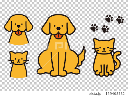 犬と猫のイエローのイラストセット 全身と顔のアップ 足跡つき 139408382