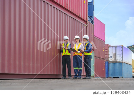 Asian Port Authorities Inspecting Large Red Shipping Container for Global Trade Logistics and Supply Chain Management 139408424